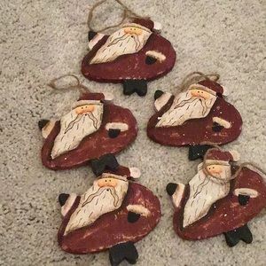 5 wooden Santa ornaments